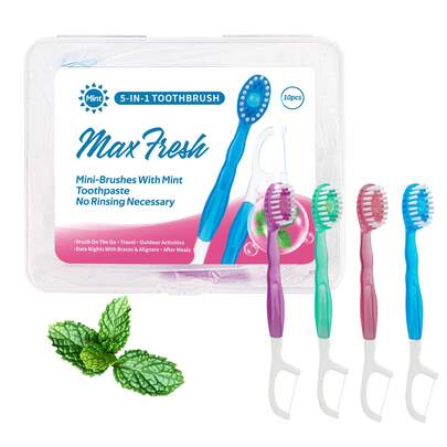 10 Stück Mini Einweg-Zahnbürstenset - Zahnbürste mit Zahnpasta, Zahnpasta + Zungenreiniger + Zahnseide + Zahnpicker, geeignet für Arbeit oder Reisen, einzeln verpackt, praktisch für Arbeit oder Reisen