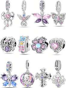 1Count DIY Romantic Classical Pink Purple Zirconia Butterfly, Flower, Animal Series Bead Hanging, Suitable For Pandala Bracelet, Fashionable And Exquisite For Daily Wear, Holiday Gift
