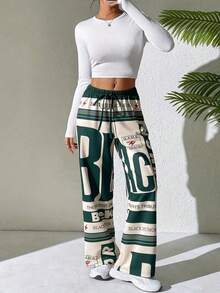 Pantaloni sport casual pentru femei, cu imprimeuri cu litere, dungi colorate, șnur de strângere și design cu picior drept. - Verde - Vizualizare 7