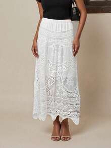 Women's Summer A-Line Skirt Long Crochet Boho Flowy Skirt For Travel, Beach, Shopping - trắng - Xem 3