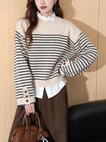 Alicedudu Damen lässiger gestreifter Pullover mit Rundhalsausschnitt und Knopfdesign an den Ärmeln, Herbst/Winter - Milchteefarbe - Übersicht 1