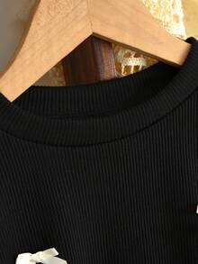 秋季少女休闲针织面料长袖蝴蝶结上衣和条纹长裤两件套 - 黑色 - 查看 3