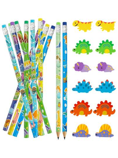 6/12 conjuntos de lápis e borrachas divertidos de dinossauro fofos, conjunto de lápis e borrachas estilo dinossauro para festa temática de dinossauro, presentes de aniversário, recheios para presentes de Natal