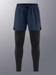 男士二合一运动裤，带衬里，弹力速干跑步、健身、篮球长裤