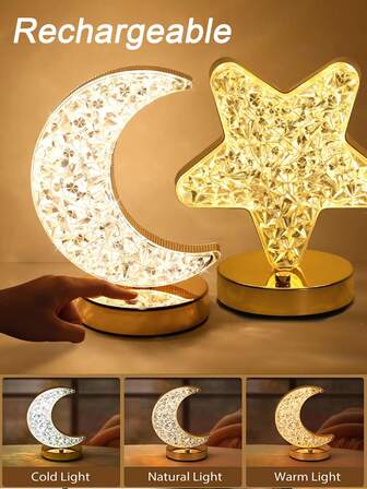 Star Moon Nattljus USB Laddning Touch 3 Färg Ljus Sovrum Sänglampa Bordslampa Heminredning LED Kristall Nattljus, Skrivbordslampa Jubileumspresent, Födelsedagspresent, För Sovrum, Vardagsrum, Restaurang, Bar