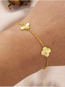 1pc Textured Clover Flower Stainless Steel Bracelet Set For Women, Suitable For Multiple Occasions, Couples, Formal Events, Parties, And Gifts
