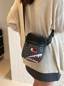 男士休闲格子单肩斜挎包，时尚小方形斜挎包，独特鲨鱼嘴设计 - 黑色 - 查看 7