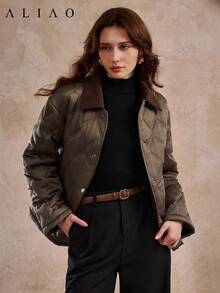 Aliao 优雅菱形图案绗缝外套，带口袋，适合冬季、秋季穿着，新年适用，商务休闲风格 - 棕色 - 查看 5