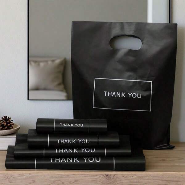 50 piezas Bolsas de regalo negras con la leyenda "Gracias", bolsas de plástico adecuadas para pequeños negocios, bolsas de compras, apropiadas para regalos de fiestas, cumpleaños, bodas, embalaje de regalos, adecuadas para regalos, fiestas, tiendas, boutiques, etc.