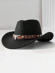 1 Peça Chapéu de Cowboy Retrô Unissex, Decorado com Padrão de Chifre de Touro, Adequado para Uso Casual e Festa de Cowboy Ocidental - Chapéu de couro marrom com rebites e cabeça de touro - Visão 15