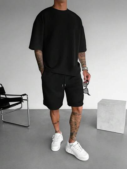 2pcs/Set Men's Casual Summer Sports Solid Color Round Neck Short Sleeve T-Shirt And Shorts, Cozy Outfits