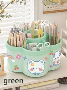 1pc Rotating Pen Holder Organizer, High Capacity, Compartments, Suitable For Student, Children Desk, Creative Pen Rack, Minimalist Design (Random Sticker Pattern)
