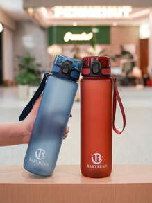 1pc 1000ml/750ml Outdoor Large Capacity Sports Water Bottle, 32oz/26oz, Direct Drinking Mouth Design, Handle Strap, Printed Logo, Plastic Portable Leak-Proof Screw Cap, Suitable For Hiking, Running, Cycling