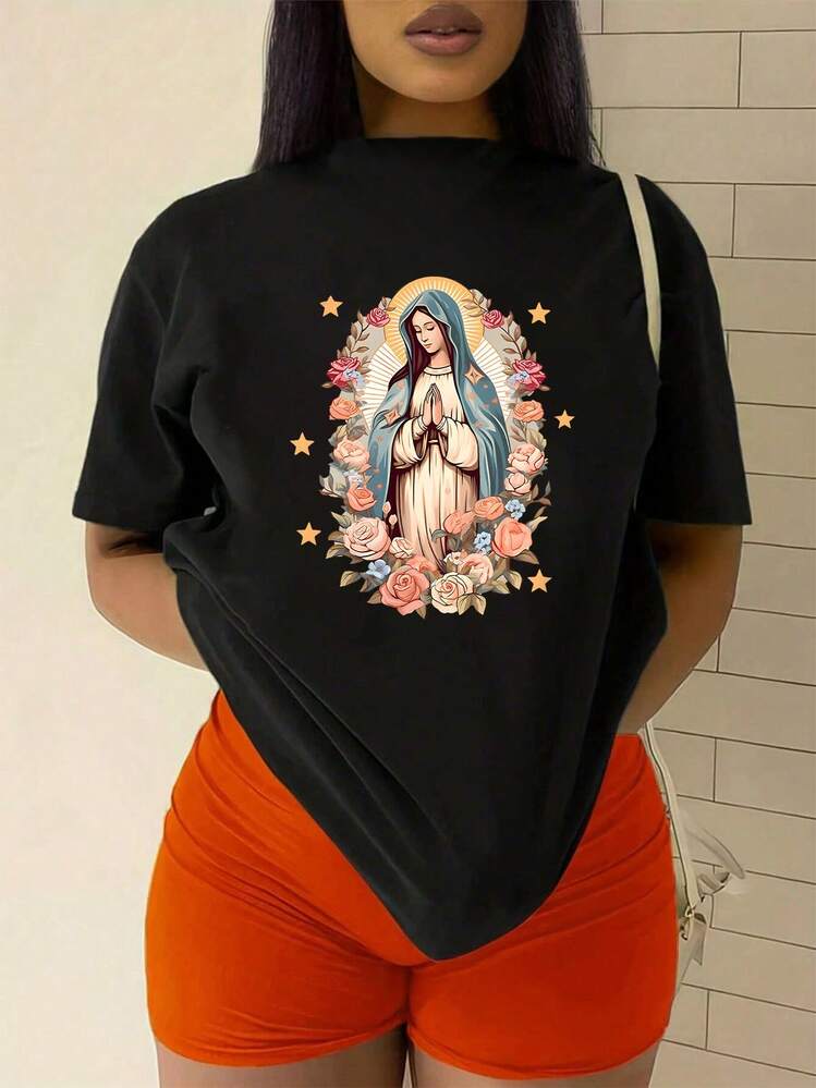 Camiseta floral de la Virgen María para mujer confeccionada en algodón suave, estampado religioso estilo vintage, camiseta casual de verano, elegante diseño de rosas, regalo único para mamá, hermana, amigas. - Negro - Añade 2