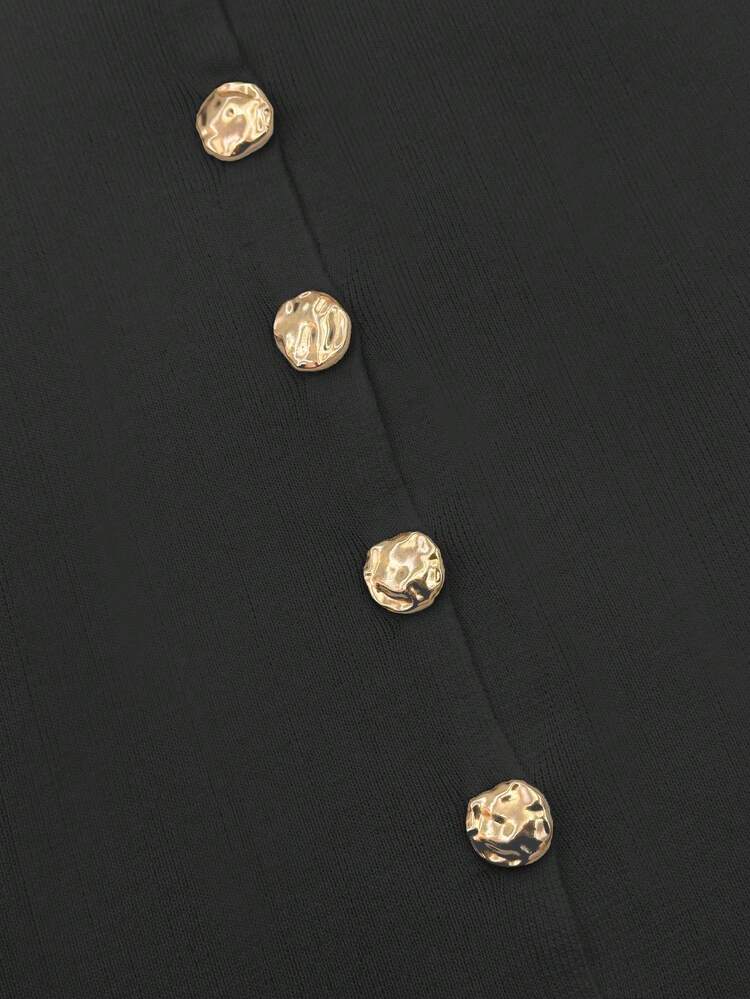 Vintage Chic Fashionable Metal Button Down Open Front Solid Color Long Sleeve Round Crew Neck Thin Cardigan, Slim Modest Elegant Minimalana Casual Knit Sweater For Women, Spring Autumn Winter Black - Black - View 6