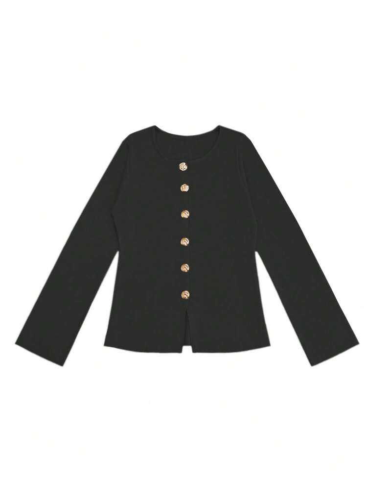 Vintage Chic Fashionable Metal Button Down Open Front Solid Color Long Sleeve Round Crew Neck Thin Cardigan, Slim Modest Elegant Minimalana Casual Knit Sweater For Women, Spring Autumn Winter Black - Black - View 3