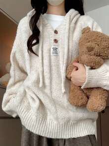 2025 Women's Hooded Sweater - Cozy Loose Fit Knit Pullover For Autumn & Winter, Soft Ribbed Top In Beige & Grey, Casual Long Sleeve Fashion Sweater - Perfect For Everyday Wear, Fall Clothes For Women