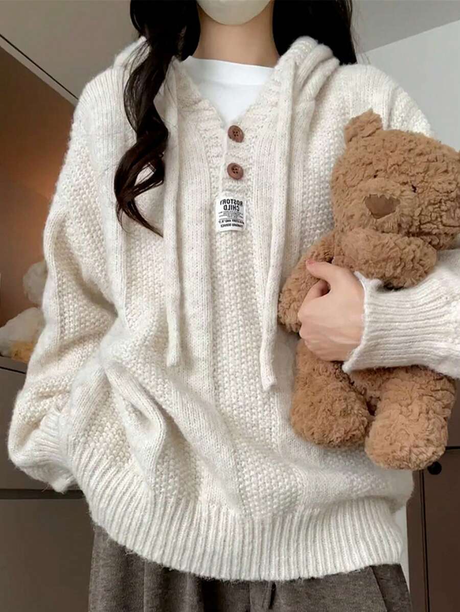 2025 Women's Hooded Sweater - Cozy Loose Fit Knit Pullover For Autumn & Winter, Soft Ribbed Top In Beige & Grey, Casual Long Sleeve Fashion Sweater - Perfect For Everyday Wear, Fall Clothes For Women