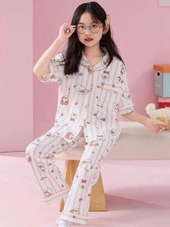 2pcs/Set Girls Cartoon Cute Print Striped Short Sleeve Pajama Set