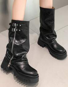 Mid Calf Boots For Women Fold Over Zipper Buckle Riding Boot Black Wide Calf Platform Round Toe Chunky Low Heel Tall Boot Cowboy Biker Motorcycle Boots - Black - View 7