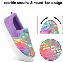 Toddler Girls Glitter Slip-On Sneakers – Sequin Canvas Walking Shoes, Lightweight & Non-Slip Casual Shoes - Purple Rainbow - 查看 3