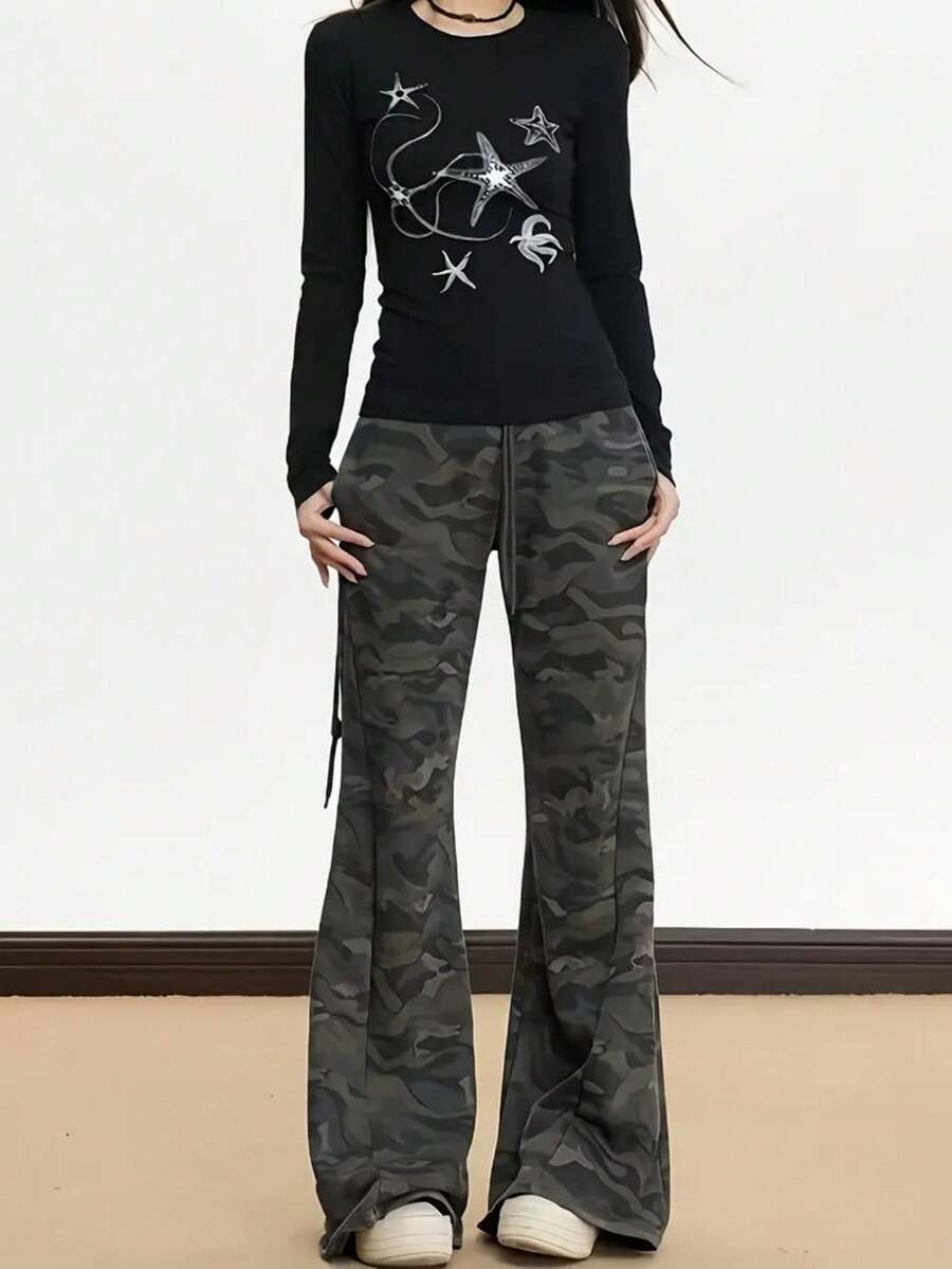 女式休闲复古迷彩印花喇叭裤 - 軍綠色 - 查看 1