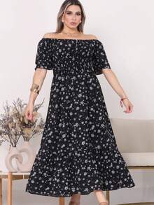Women's Long Midi Dress With Puffer Sleeves And  Frills, Off-The-Shoulder, Tres Marias Floral - BUNGA HITAM - View 3