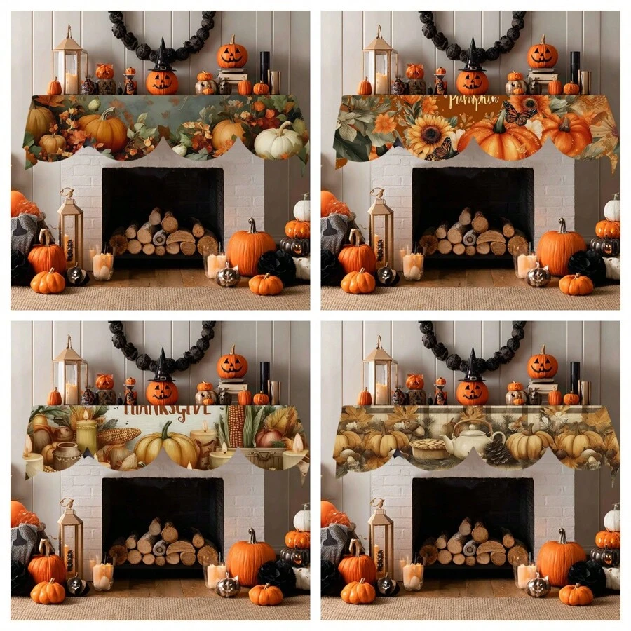 1pc/72pcs Autumn Harvest Festival Thanksgiving Blue Pumpkin Maple Leaf Pattern Fireplace Towel - Autumn Themed Polyester Table Runner, Perfect For Home Living Room Decoration, Tablecloths, Flags, Banners, And Fireplace Covers, Autumn Home Decor