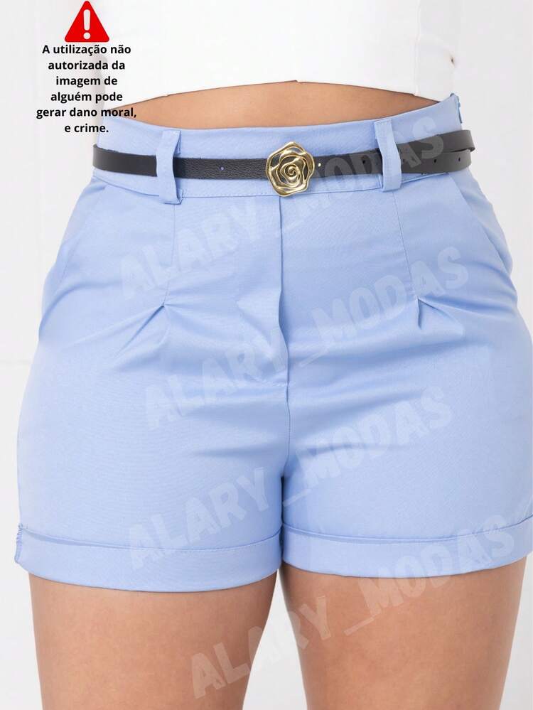 Women's Tailored Shorts High Waist With Golden Flower Belt And Pockets Summer Fashion From S To G3 Plus Size - 淺藍色 - 查看 1