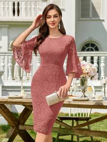 对比色花卉蕾丝荷叶边袖紧身连衣裙，优雅鸡尾酒半正式舞会礼服，适合生日、婚礼嘉宾、毕业典礼、晚宴、返校节派对礼服