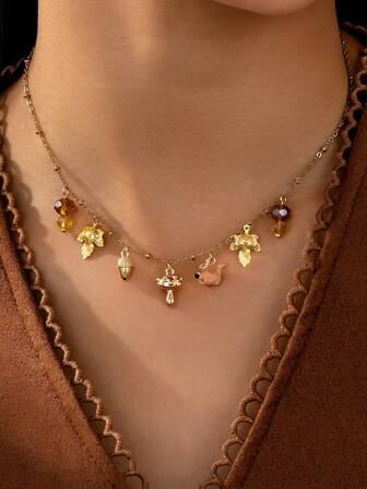 1 Pc Cute Enameled Squirrel Mushroom Chestnut Leaf Charm Necklace , Autumn Season Leaves Pendant , Fashionable Women Autumn Season Jewelry Suitable For Daily Wear
