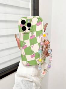 Cream Textured Wavy Edge Glossy Plaid Cherry Painting Anti-Drop Phone Case With Handmade Beaded Bracelet Accessory, Compatible With IPhone 16/11/16pro/16plus/16promax/16e/15Promax/13/14/12/XS/XR/7G/8P, Compatible With Samsung Galaxy S25/S25PLUS/S25 Ultra/A16/A36/A26/A56 Waterproof Shockproof Scratch Resistant - Multicolor - View 2