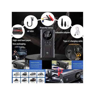Portable Cordless Car Battery Jump Starter With Tire Inflator Pump, Air Compressor, LED Display, Flashlight And Power Bank, Convenient For Tire Inflation