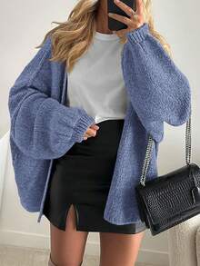 Women's Oversized Cardigan Fall Long Lantern Sleeve Knit Cardigan Lightweight - 霧藍色 - 查看 2