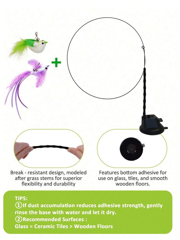 Cat Toy Interactive Teaser Wand With Feathers & Bells, Replacement Chaser Toy For Pet Cats Exercise & Entertainment, Suction Cup Handle Wand With Artificial Fiber Feathers, Cat Supplies - Green - View 21
