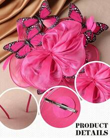 Organza Fascinators Hats - Monarch Tea Party Hat With Hairpin, 2025 Derby Headwear - 玫紅色 - 查看 5