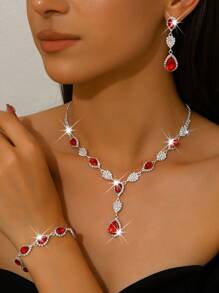 1 Set Fashion Waterdrops Rhinestone Earrings Necklace Bracelet Jewelry Set, Suitable For Women's Daily, Wedding, Banquet & Party Wear