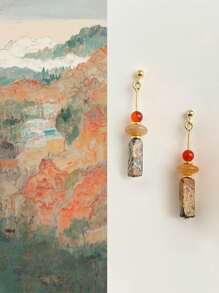 1 Pair Of 925 Sterling Silver Jewelry Women'S Earrings, Handmade In Vintage Tassel Bead Wood, Using Natural Red Agate, Gold Sand Glass Beads, Tiger Eye Stone, Ear Protection, Low Allergenicity, Durable, Suitable For Daily Wear And Vacation Beach Accessories, Bohemian Style