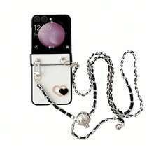 Galaxy Z Flip 7 7FE 6 5 4 3 5G 心形闪光手机壳，带可调节肩带，铰链式全身保护，硬质 PC 背板防摔防震手机壳，防水防刮 - 白色 - 查看 6