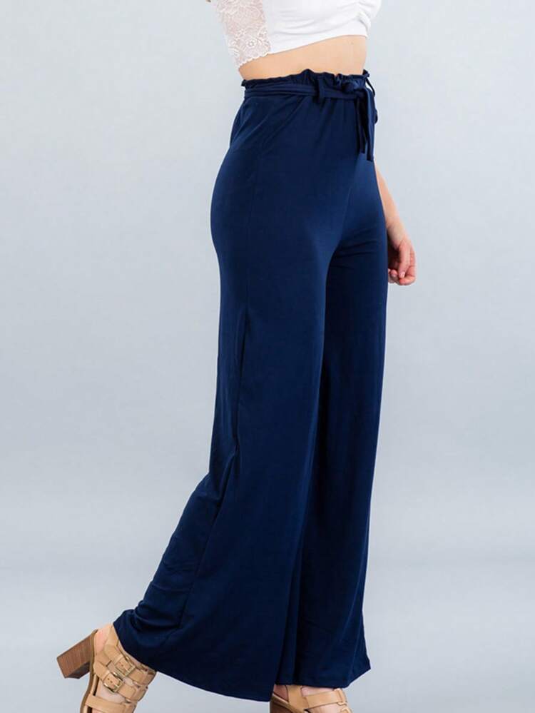 Pantalones anchos básicos informales de color liso con lazo para mujer, primavera, verano y otoño - Marina de guerra - Añade 3