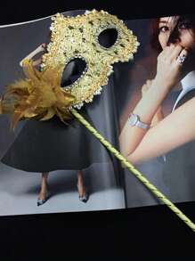 1 件女士多色威尼斯羽毛化妆舞会面罩手持道具，适合节日、派对、联欢会、表演万圣节万圣节配饰 - 彩色 - 查看 15