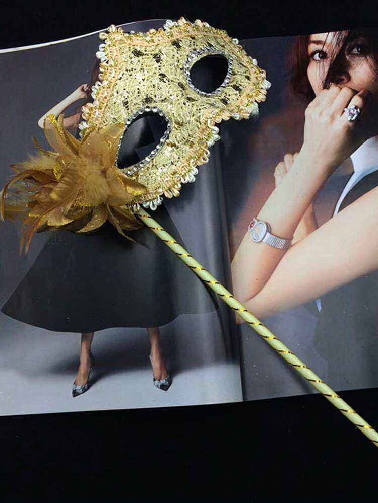 1 件女士多色威尼斯羽毛化妆舞会面罩手持道具，适合节日、派对、联欢会、表演万圣节万圣节配饰 - 彩色 - 查看 15