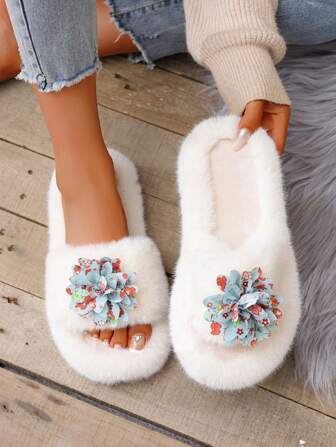 Women's White Fluffy Slippers, Flower Decor, Flat, Non-Slip, Plush, Indoor Thermal Slippers