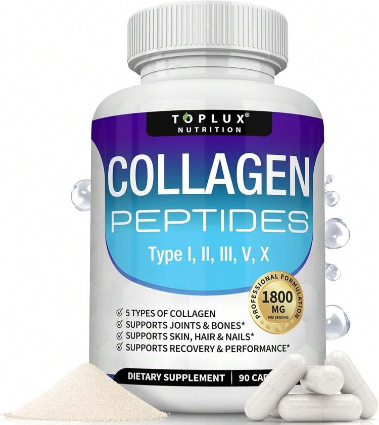 Toplux Multi Collagen Peptides Pills – 1800mg Hydrolyzed Complex Type I, II, III, V, X | Supports Skin, Hair, Joints & Bones | Keto Friendly | 90 Capsules - 1 Bottle - 查看 1
