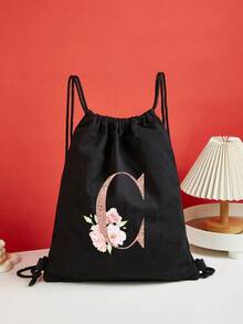 Drawstring Backpack Sports Backpack Women Drawstring Shoe Bags For Travel Storage Bags Rose Gold Initials Name Letter Pattern Gym Bags Lightweight Drawstring Bag Travel Bags Cloth Bags Dust Storage Pouch For Outdoor Duffle Sports Bag Schoolbag Bundle Tote Bag For Student Sports Back Pack Latter Print - Black - View 9