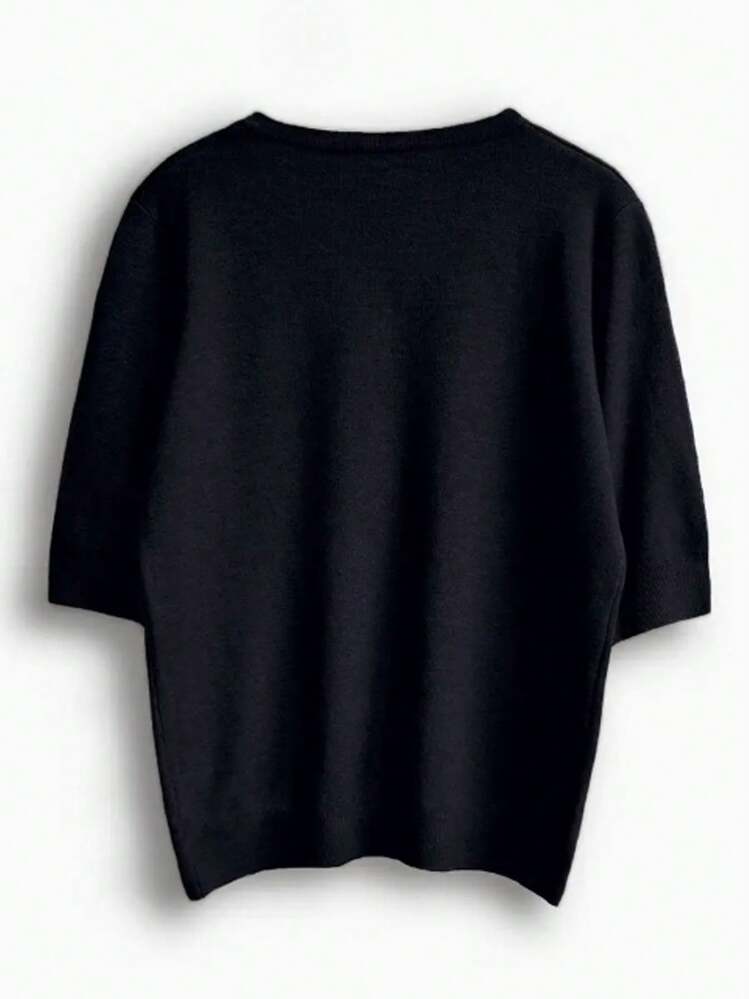 Women's Solid Color V-Neck Short Sleeve Knit T-Shirt, Lightweight, Loose Fit, Slimming, Fashionable, Minimalist, High-End - Black - View 3