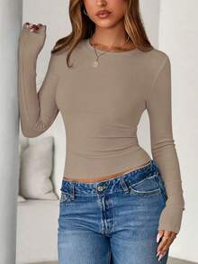 Women Spring And Fall Long Sleeve Shirts Ribbed Crewneck Fitted Basic Tee Going Out Tops Casual Workout Vacation Outfits - 淺卡其 - 查看 3