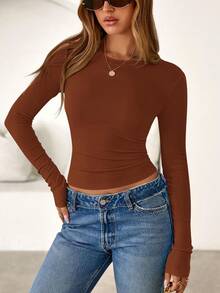 Women Spring And Fall Long Sleeve Shirts Ribbed Crewneck Fitted Basic Tee Going Out Tops Casual Workout Vacation Outfits - caramen - Xem 4