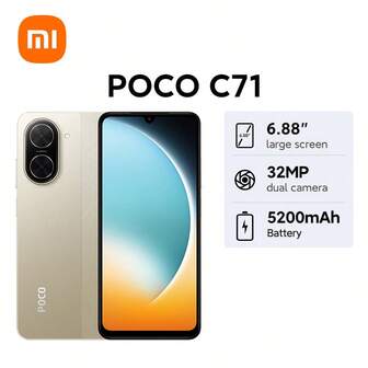 Xiaomi POCO C71 Global Version Smartphone Powerful Octa-Core Processor 12nm Process 32MP AI Dual Camera Immersive 6.88" Display Massive 5200mAh (Typ) Battery Powered By 15W Fast Charging Secure Fingerprint And Face Unlock Supports Memory Extension: 3GB Up To 6GB, 4GB Up To 8GB Android 15 32MP Main Camera Up 120Hz Refresh Rate