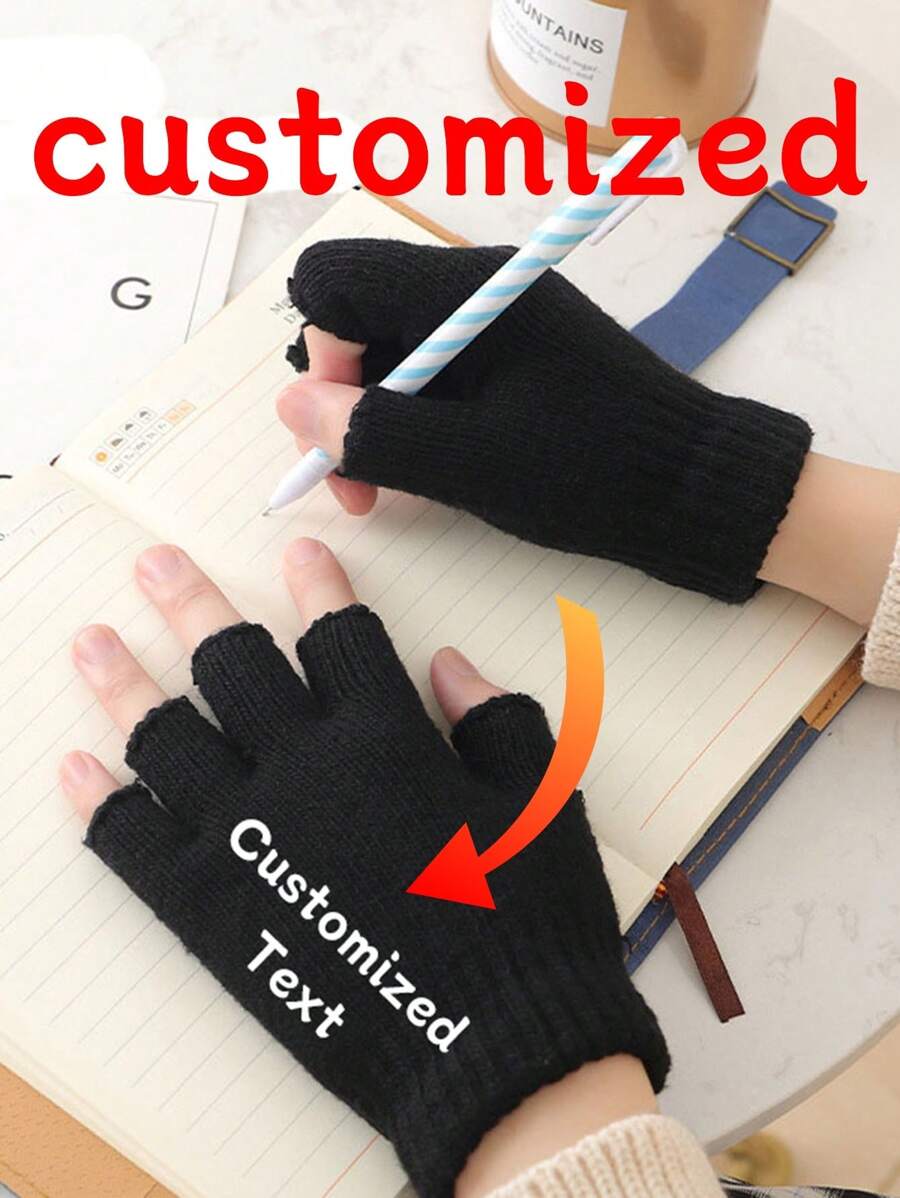 Customized Fingerless Gloves, Touchscreen Capable, Warm & Breathable Knitted Gloves, Team Customization - Text Customization - View 1